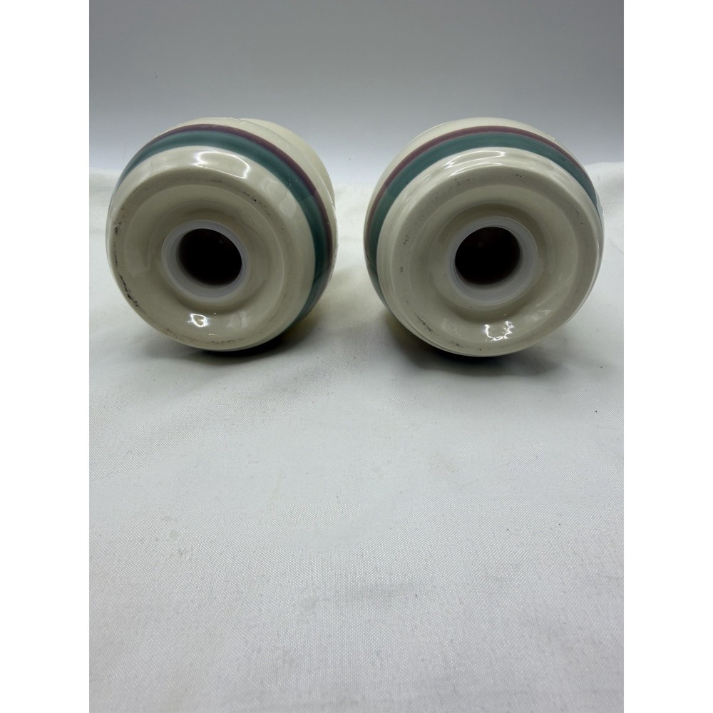 Vintage Pfaltzgraff Juniper 3 In Salt and Pepper Shakers, Mauve Turquoise Bands - Picture 4 of 4